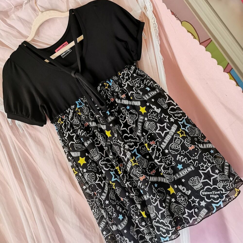 Hello Kitty Mini Dress One Size Black Rock Punk Emo Rare Harajuku Japan Jfashion